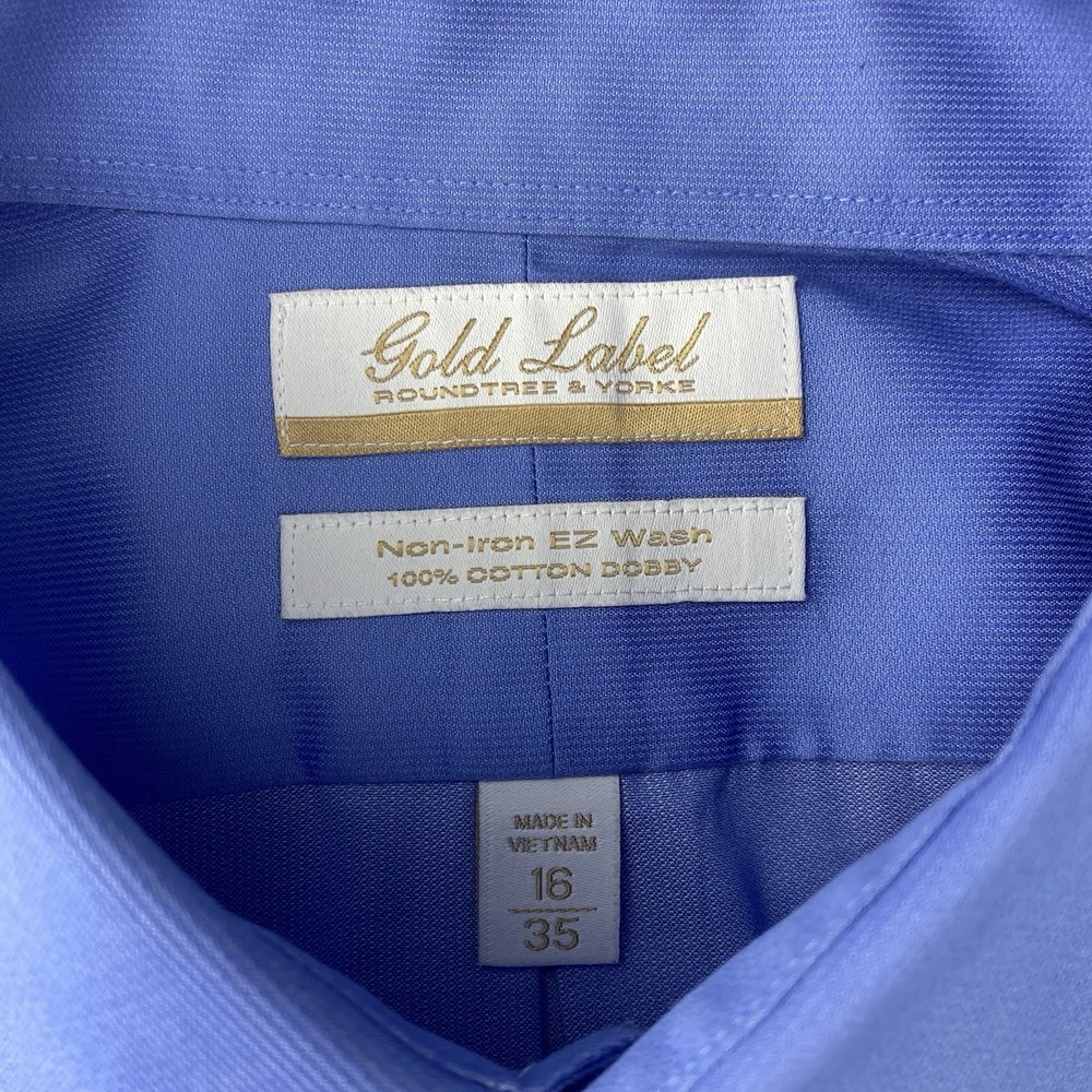 Roundtree & Yorke Gold Label Dress Shirt Mens 16-35 Blue Cotton Dobby No Iron - Picture 3 of 9